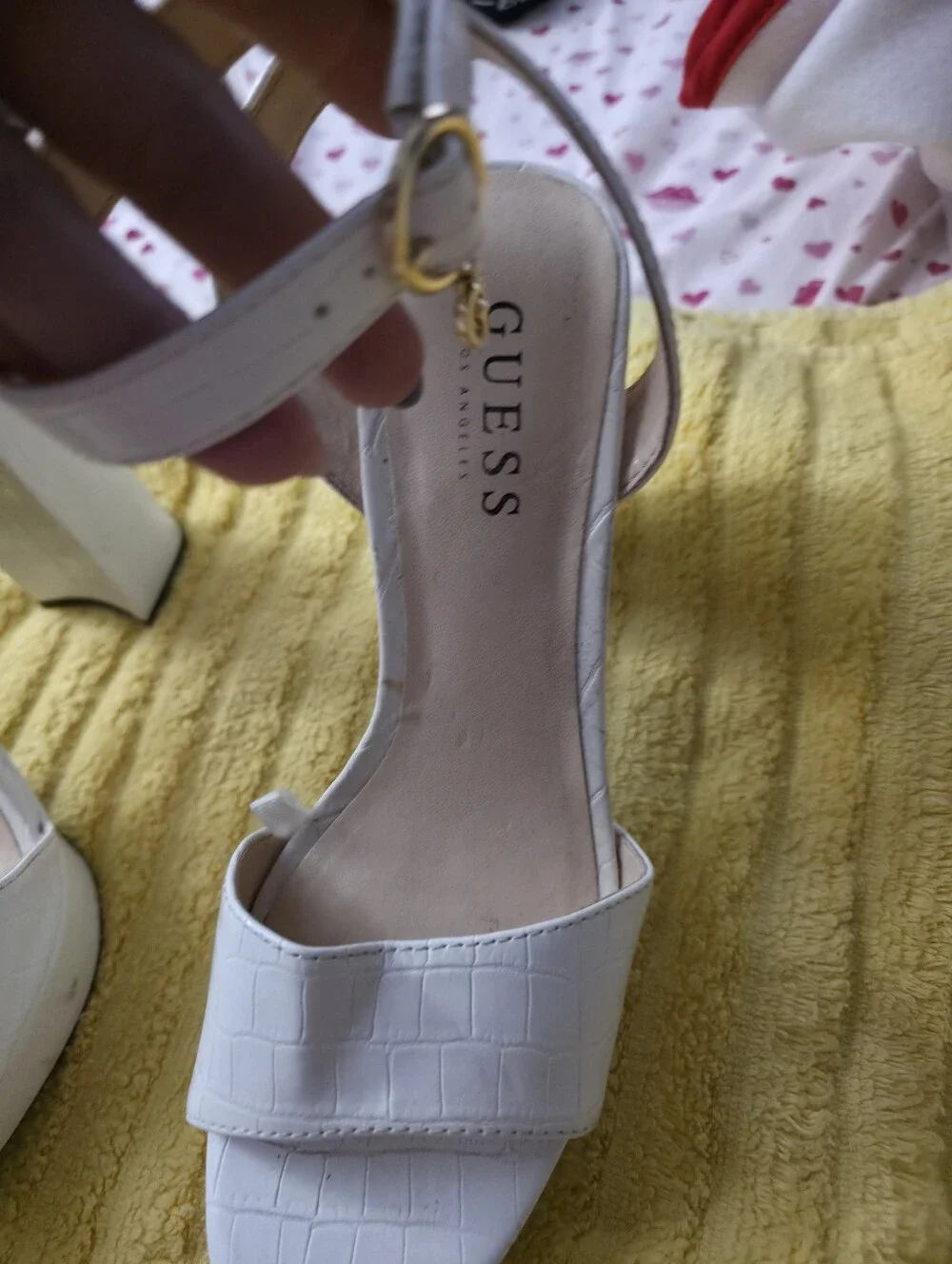 GUESS White Croc-Embossed Ankle Strap Block Heels